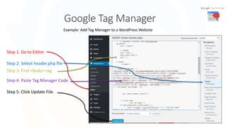 Google Tag Manager
9
Example: Add Tag Manager to a WordPress Website
Step 1. Go to Editor
Step 2. Select header.php file
S...