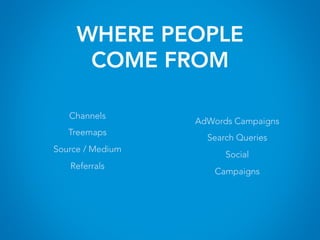 WHERE PEOPLE
COME FROM
Channels
Treemaps
Source / Medium
Referrals
AdWords Campaigns
Search Queries
Social
Campaigns
 