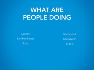 WHAT ARE
PEOPLE DOING
Content
Landing Pages
Exits
Site Speed
Site Search
Events
 