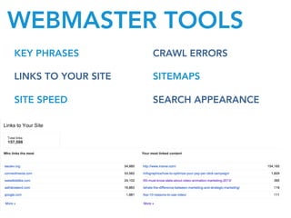 WEBMASTER TOOLS
KEY PHRASES
LINKS TO YOUR SITE
SITE SPEED
CRAWL ERRORS
SITEMAPS
SEARCH APPEARANCE
 