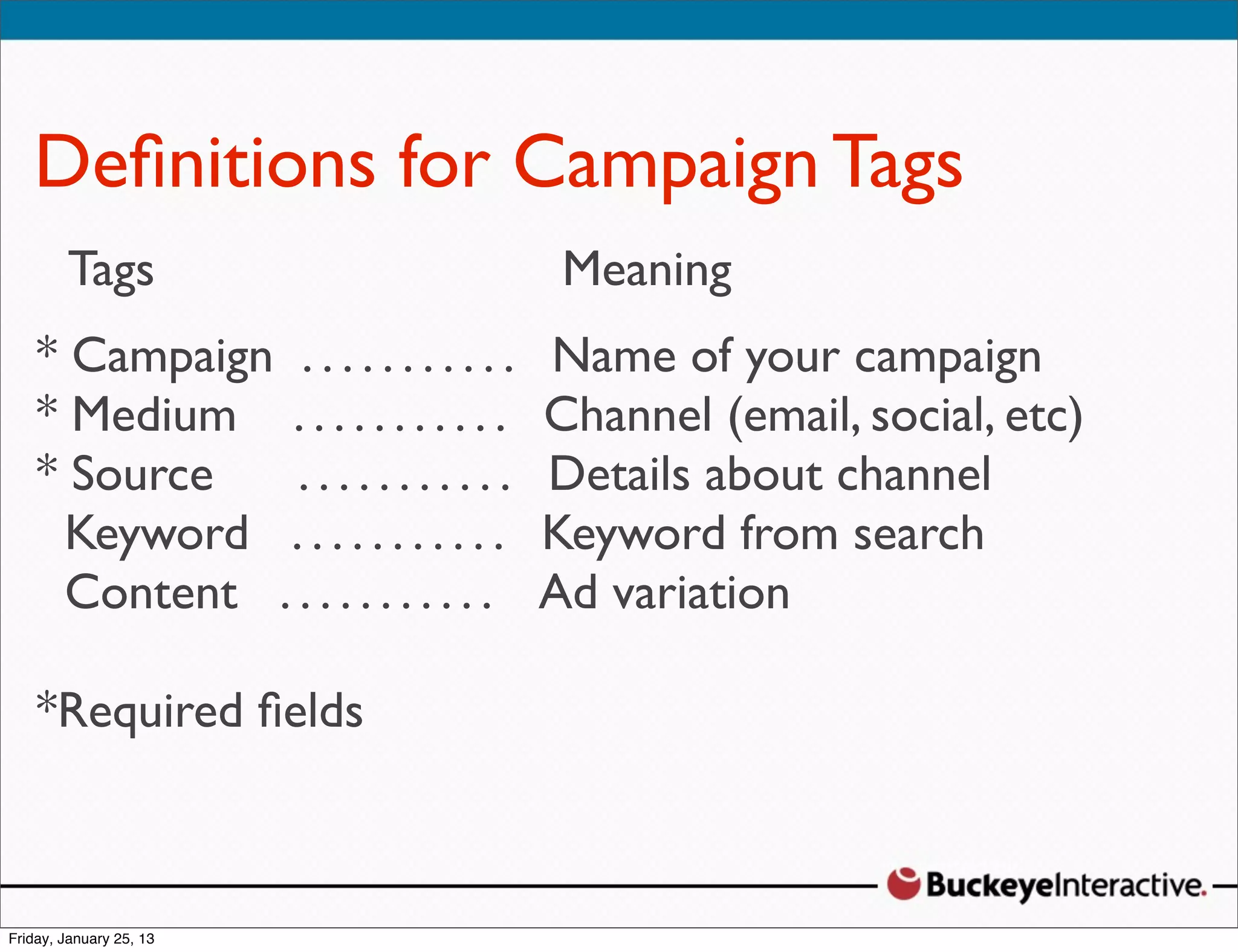 Deﬁnitions for Campaign Tags
 Tags Davis
 Sarah                        Meaning
  Digital Strategist
* Campaign . . . . . . . . . . . Name of your campaign
  @SDavis_
* Medium       ...........   Channel (email, social, etc)
* Source       ...........   Details about channel
 Keyword       ...........   Keyword from search
 Content      ...........    Ad variation

*Required ﬁelds
 