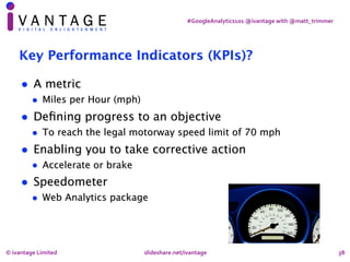#GoogleAnalytics101	@ivantage	with	@matt_trimmer
38
Key Performance Indicators (KPIs)?
• A metric
• Miles per Hour (mph)
•...