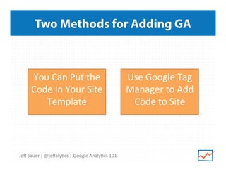 Two Methods for Adding GA

You	
  Can	
  Put	
  the	
  
Code	
  In	
  Your	
  Site	
  
Template	
  
	
  

Jeﬀ	
  Sauer	
  |	
  @jeﬀaly9cs	
  |	
  Google	
  Analy9cs	
  101	
  

Use	
  Google	
  Tag	
  
Manager	
  to	
  Add	
  
Code	
  to	
  Site	
  
	
  

 