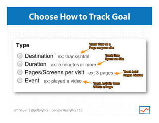 Choose How to Track Goal

Jeﬀ	
  Sauer	
  |	
  @jeﬀaly9cs	
  |	
  Google	
  Analy9cs	
  101	
  

 
