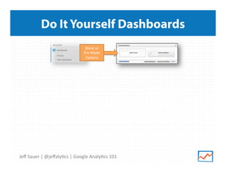 Do It Yourself Dashboards
Blank	
  or	
  
Pre-­‐Made	
  
Op9ons	
  

Jeﬀ	
  Sauer	
  |	
  @jeﬀaly9cs	
  |	
  Google	
  Analy9cs	
  101	
  

 