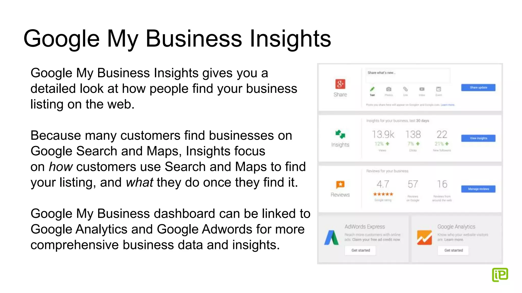 Google My Business Insights
Google My Business Insights gives you a
detailed look at how people find your business
listing on the web.
Because many customers find businesses on
Google Search and Maps, Insights focus
on how customers use Search and Maps to find
your listing, and what they do once they find it.
Google My Business dashboard can be linked to
Google Analytics and Google Adwords for more
comprehensive business data and insights.
 