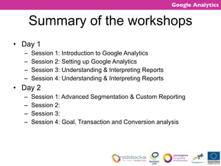 Summary of the workshops Day 1 Session 1: Introduction to Google Analytics Session 2: Setting up Google Analytics Session 3: Understanding & Interpreting Reports Session 4: Understanding & Interpreting Reports Day 2 Session 1: Advanced Segmentation & Custom Reporting Session 2:  Session 3:  Session 4: Goal, Transaction and Conversion analysis 
