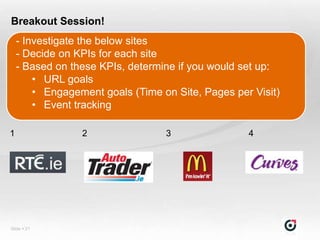 Breakout Session!
    - Investigate the below sites
    - Decide on KPIs for each site
    - Based on these KPIs, determine if you would set up:
        • URL goals
        • Engagement goals (Time on Site, Pages per Visit)
        • Event tracking

1                2                3                4




Slide  21
 