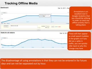 Tracking Offline Media

                                                                       Annotations is an
                                                                        excellent tool in
                                                                     Google Analytics that
                                                                    you should be utilising
                                                                     in order to track any
                                                                     offline activity that is
                                                                          taking place.



                                                                 These will then appear
                                                                 as small speech bubbles
                                                                 in the graphs so if you
                                                                 did see a spike in
                                                                 traffic, you can quickly
                                                                 refer back to why this
                                                                 change may have
                                                                 occurred.



The disadvantage of using annotations is that they can not be entered in for future
days and can not be separated out by hour.
 