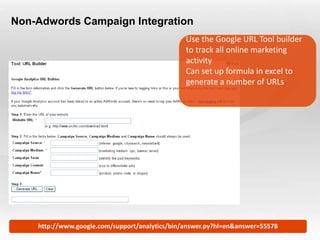 Non-Adwords Campaign Integration
                                                         Use the Google URL Tool builder
                                                         to track all online marketing
                                                         activity
                                                         Can set up formula in excel to
                                                         generate a number of URLs




Slide  37   http://www.google.com/support/analytics/bin/answer.py?hl=en&answer=55578
 