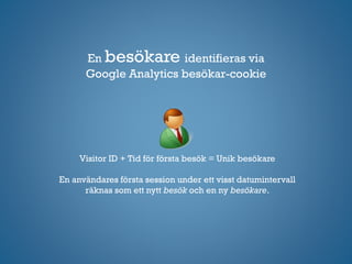 En besökare identifieras via
Google Analytics besökar-cookie
Visitor ID + Tid för första besök = Unik besökare
En användares första session under ett visst datumintervall
räknas som ett nytt besök och en ny besökare.
 