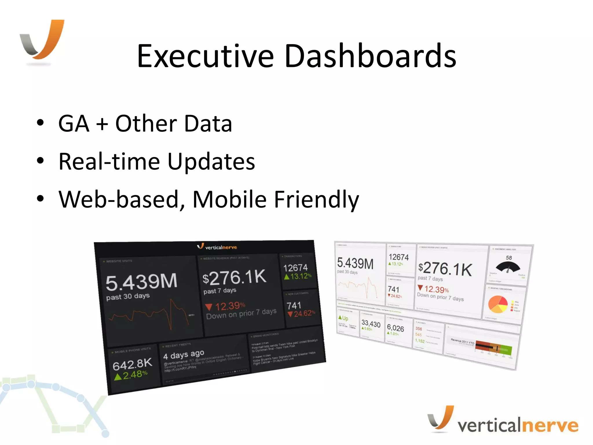 Executive Dashboards
• GA + Other Data
• Real-time Updates
• Web-based, Mobile Friendly
 