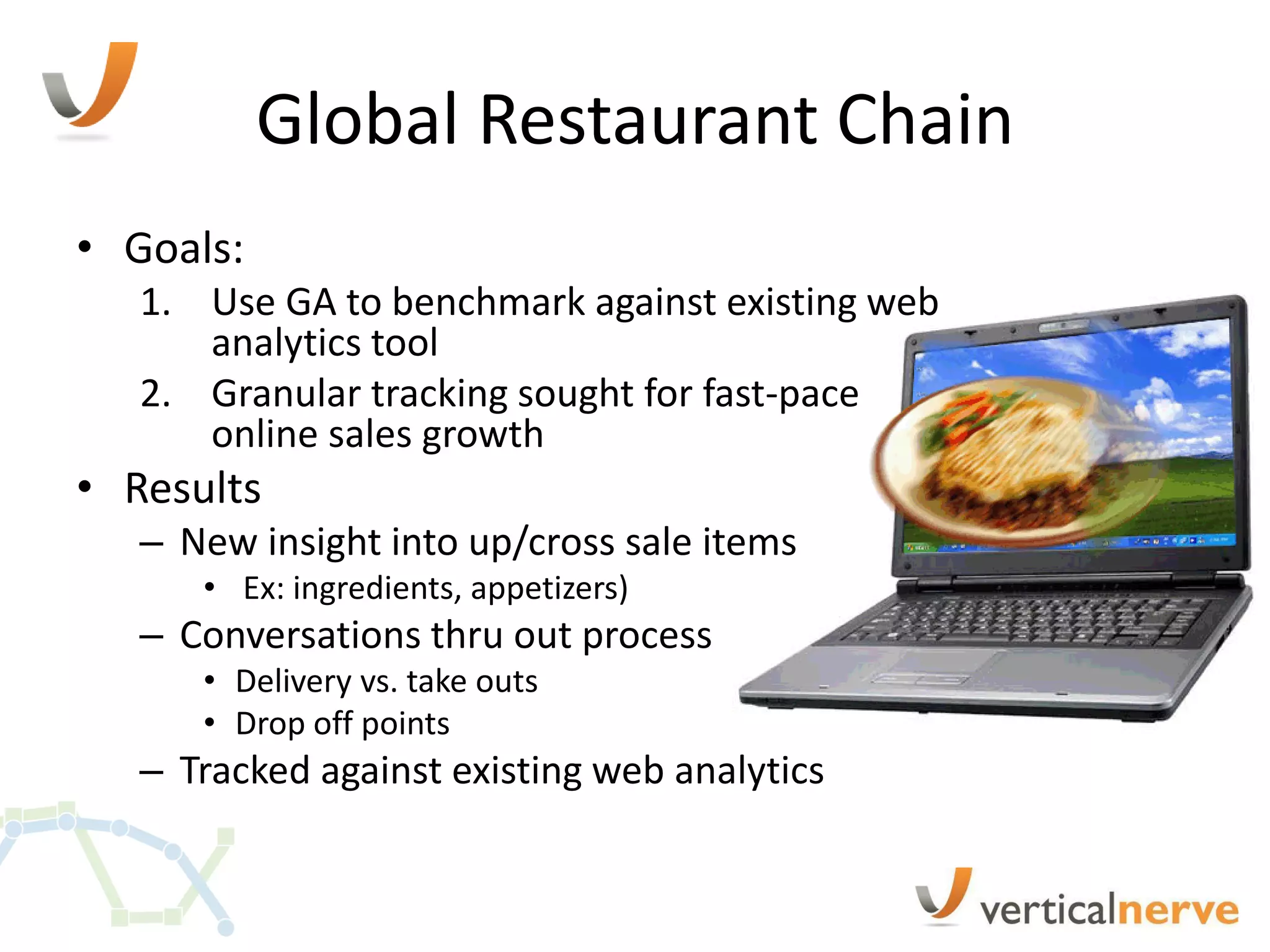 Global Restaurant Chain
• Goals:
   1. Use GA to benchmark against existing web
      analytics tool
   2. Granular tracking sought for fast-pace
      online sales growth
• Results
   – New insight into up/cross sale items
      • Ex: ingredients, appetizers)
   – Conversations thru out process
      • Delivery vs. take outs
      • Drop off points
   – Tracked against existing web analytics
 