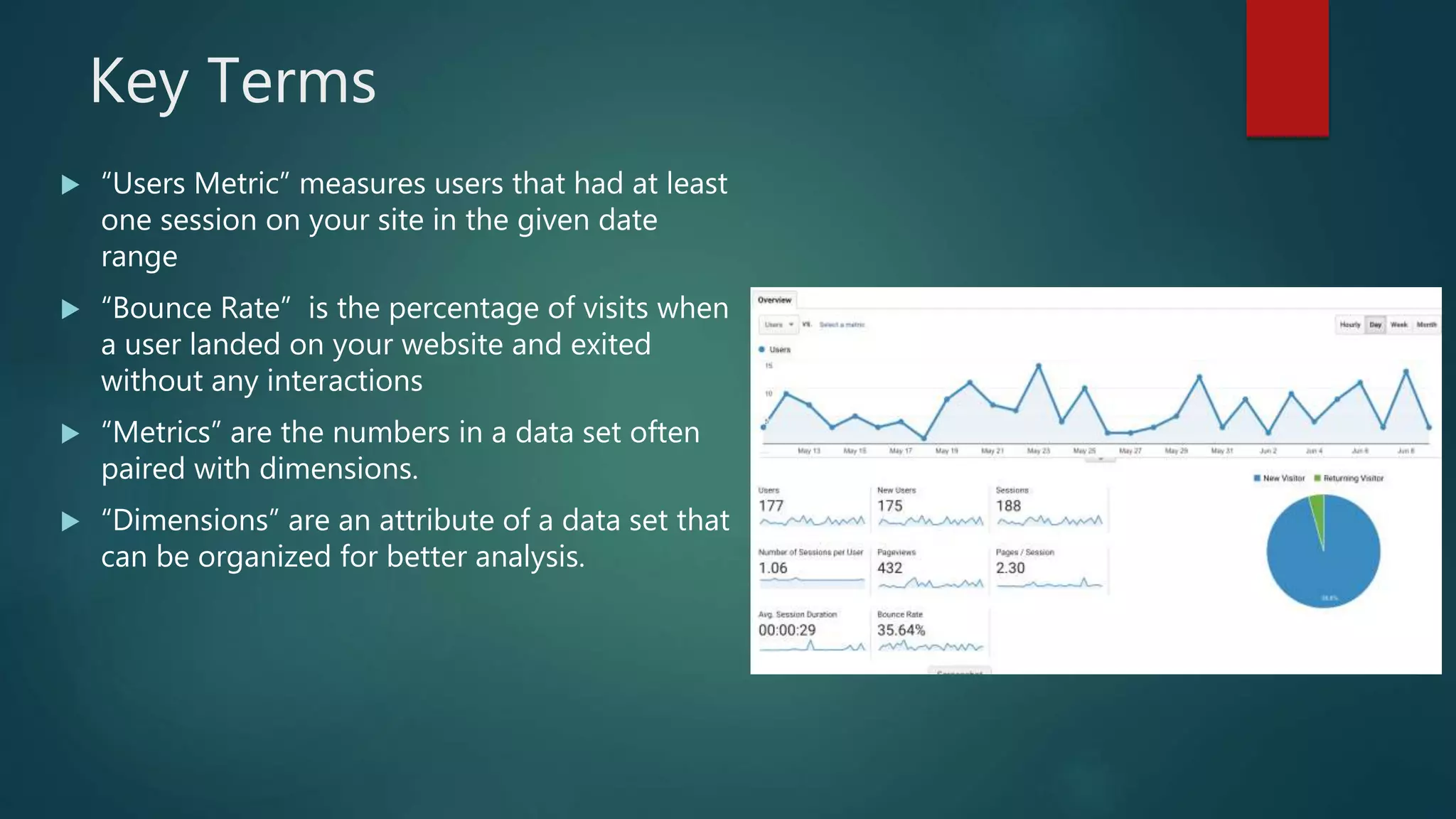 Key Terms
 “Users Metric” measures users that had at least
one session on your site in the given date
range
 “Bounce Rate” is the percentage of visits when
a user landed on your website and exited
without any interactions
 “Metrics” are the numbers in a data set often
paired with dimensions.
 “Dimensions” are an attribute of a data set that
can be organized for better analysis.
 