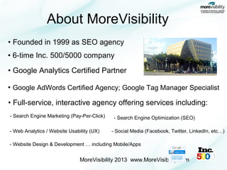 About MoreVisibility
• Founded in 1999 as SEO agency
• 6-time Inc. 500/5000 company
• Google Analytics Certified Partner
• Google AdWords Certified Agency; Google Tag Manager Specialist
• Full-service, interactive agency offering services including:
- Search Engine Marketing (Pay-Per-Click)
- Web Analytics / Website Usability (UX)

- Search Engine Optimization (SEO)
- Social Media (Facebook, Twitter, LinkedIn, etc…)

- Website Design & Development … including Mobile/Apps

MoreVisibility 2013 www.MoreVisibility.com

 