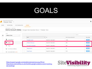 GOALS
https://support.google.com/analytics/answer/1012040?hl=en
http://www.sitevisibility.co.uk/checklist-google-analytics-event-tracking-
not-working/
 