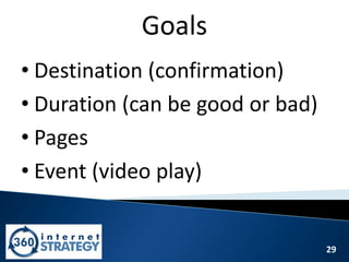 29
Goals
• Destination (confirmation)
• Duration (can be good or bad)
• Pages
• Event (video play)
 