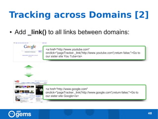 Tracking across Domains [2]
●   Add _link() to all links between domains:




                                                48
 