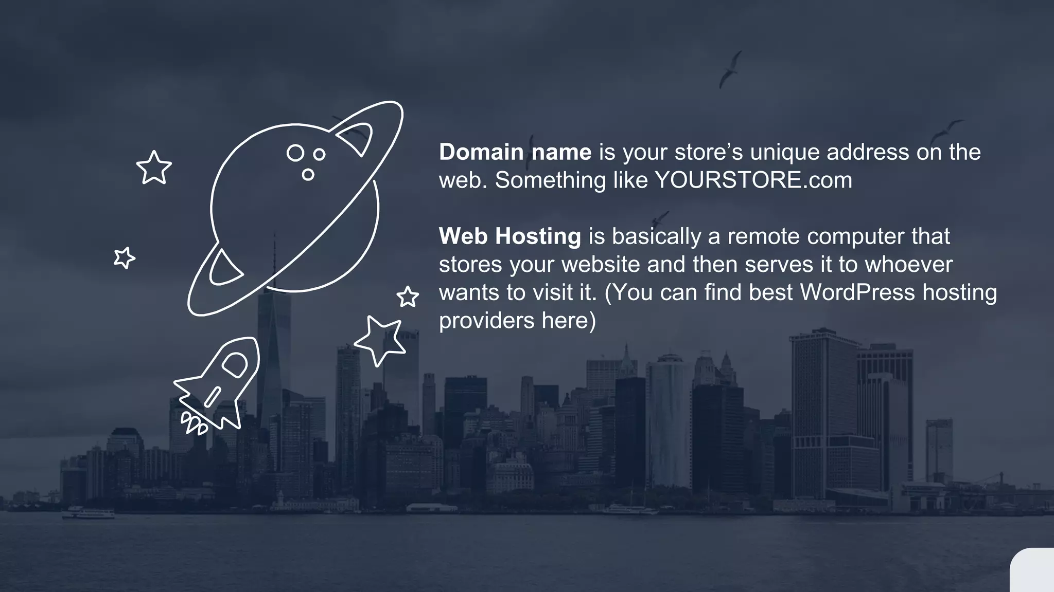 Domain name is your store’s unique address on the
web. Something like YOURSTORE.com
Web Hosting is basically a remote computer that
stores your website and then serves it to whoever
wants to visit it. (You can find best WordPress hosting
providers here)
 