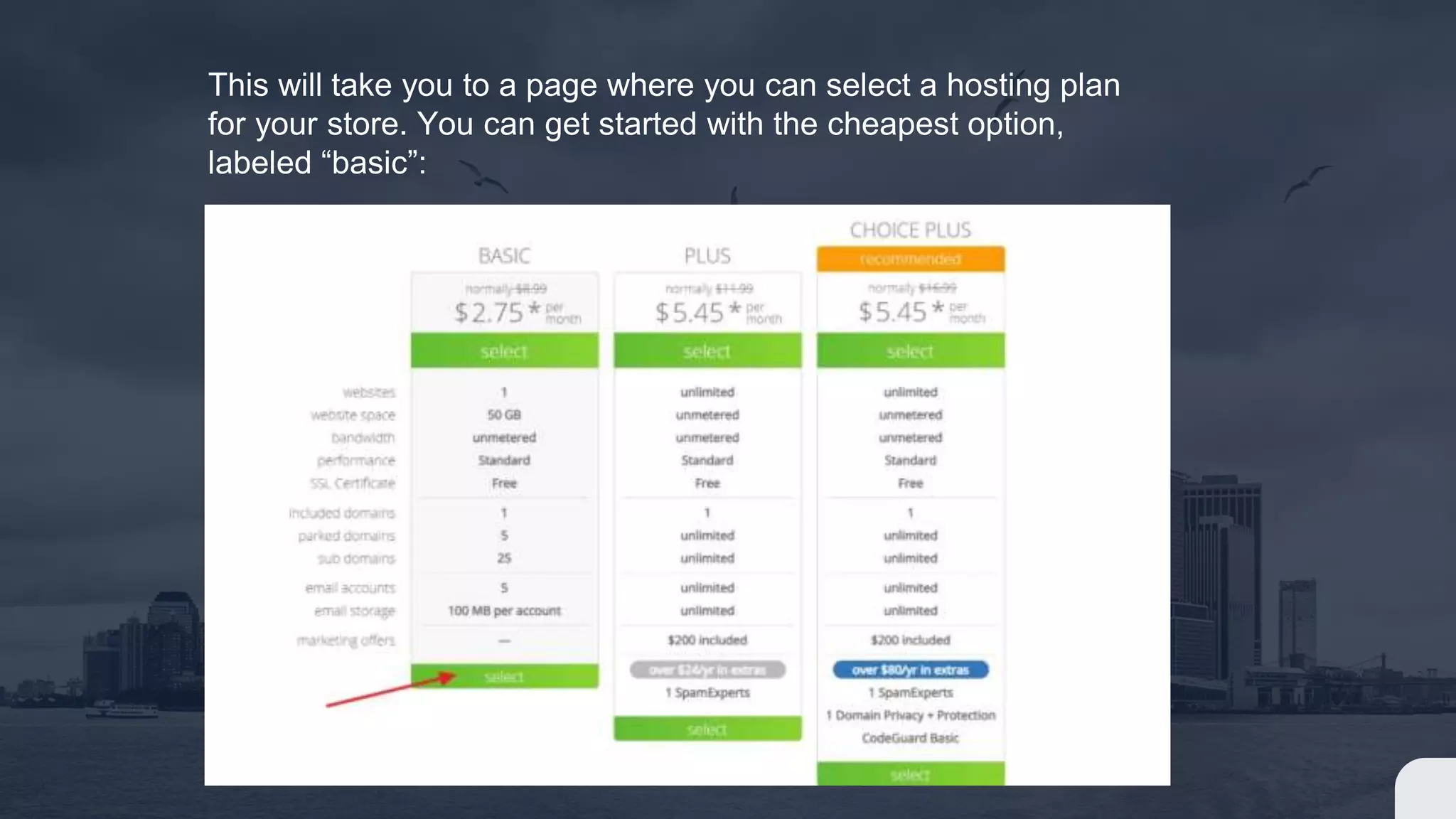 This will take you to a page where you can select a hosting plan
for your store. You can get started with the cheapest option,
labeled “basic”:
 