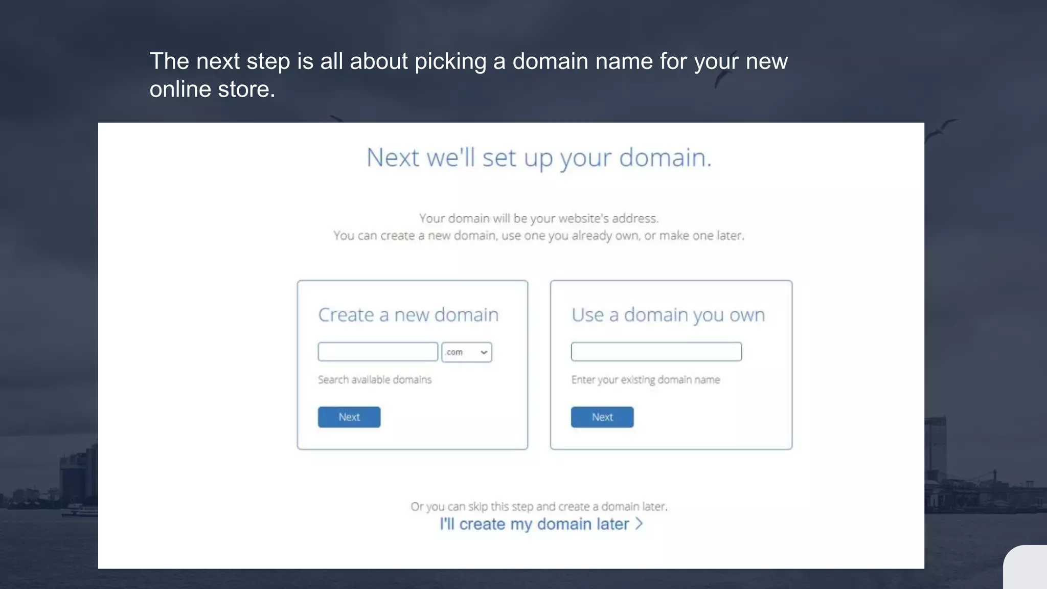 The next step is all about picking a domain name for your new
online store.
 