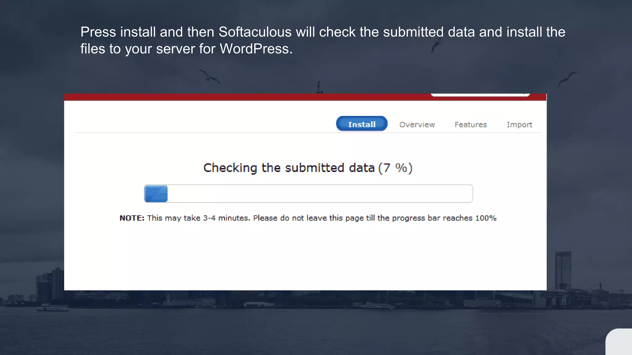 Press install and then Softaculous will check the submitted data and install the
files to your server for WordPress.
 