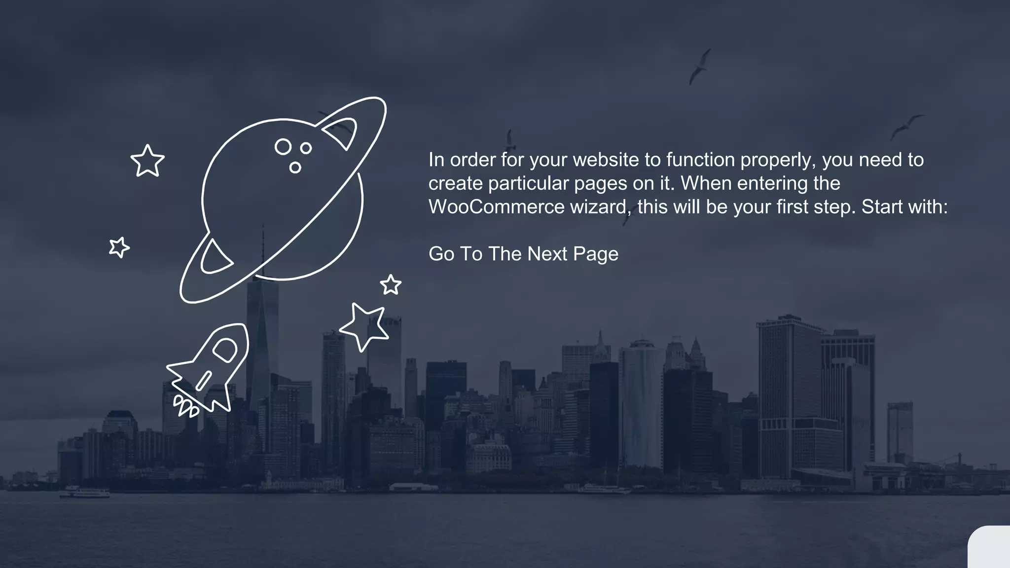 In order for your website to function properly, you need to
create particular pages on it. When entering the
WooCommerce wizard, this will be your first step. Start with:
Go To The Next Page
 
