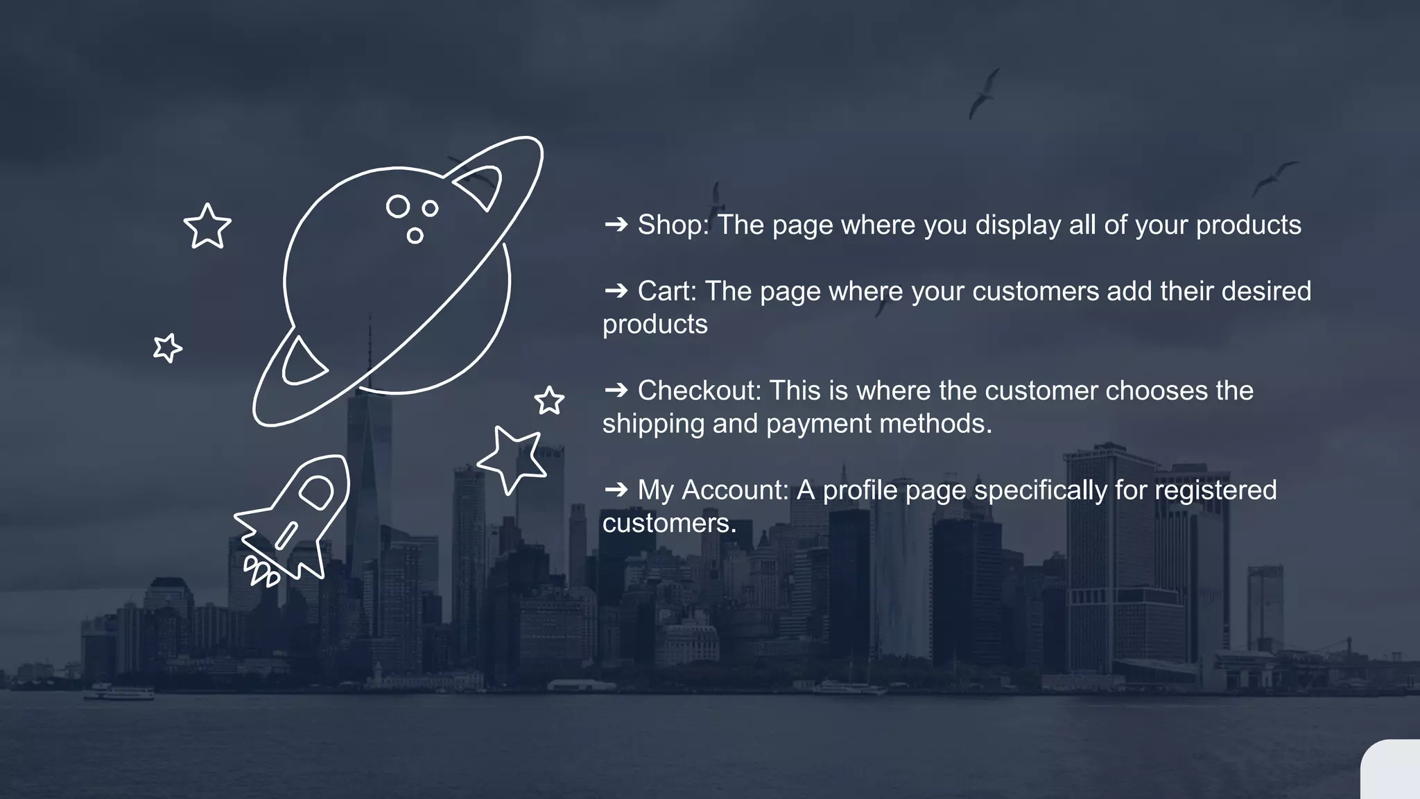 ➔ Shop: The page where you display all of your products
➔ Cart: The page where your customers add their desired
products
➔ Checkout: This is where the customer chooses the
shipping and payment methods.
➔ My Account: A profile page specifically for registered
customers.
 