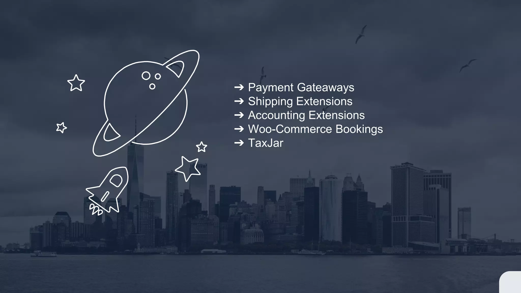 ➔ Payment Gateaways
➔ Shipping Extensions
➔ Accounting Extensions
➔ Woo-Commerce Bookings
➔ TaxJar
 