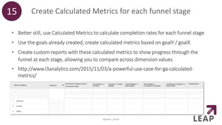 Create Calculated Metrics for each funnel stage
• Better still, use Calculated Metrics to calculate completion rates for each funnel stage
• Use the goals already created, create calculated metrics based on goalY / goalX
• Create custom reports with these calculated metrics to show progress through the
funnel at each stage, allowing you to compare across dimension values
• http://www.l3analytics.com/2015/11/03/a-powerful-use-case-for-ga-calculated-
metrics/
15
@peter_oneill
 