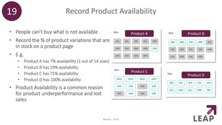 Record Product Availability
• People can’t buy what is not available
• Record the % of product variations that are
in stock on a product page
• E.g.
• Product A has 7% availability (1 out of 14 sizes)
• Product B has 29% availability
• Product C has 75% availability
• Product D has 100% availability
• Product Availability is a common reason
for product underperformance and lost
sales
19
@peter_oneill
Product A
Product C
Product D
Product B
 