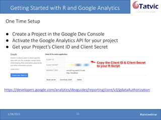 #tatvicwebinar
A GACP and GTMCP company
1/28/2015 11 #tatvicwebinar
Getting Started with R and Google Analytics
One Time Setup
● Create a Project in the Google Dev Console
● Activate the Google Analytics API for your project
● Get your Project’s Client ID and Client Secret
https://developers.google.com/analytics/devguides/reporting/core/v3/gdataAuthorization
 