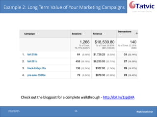 #tatvicwebinar
A GACP and GTMCP company
1/28/2015 16 #tatvicwebinar
Example 2: Long Term Value of Your Marketing Campaigns
Check out the blogpost for a complete walkthrough - http://bit.ly/1zpjbYA
 