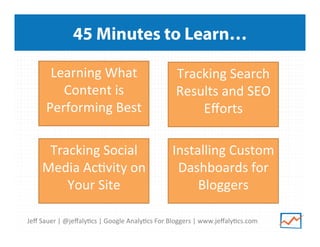 Jeﬀ	
  Sauer	
  |	
  @jeﬀaly/cs	
  |	
  Google	
  Analy/cs	
  For	
  Bloggers	
  |	
  www.jeﬀaly/cs.com	
  
45 Minutes to Learn…
Tracking	
  Social	
  
Media	
  Ac/vity	
  on	
  
Your	
  Site	
  
	
  
Installing	
  Custom	
  
Dashboards	
  for	
  
Bloggers	
  
	
  
Tracking	
  Search	
  
Results	
  and	
  SEO	
  
Eﬀorts	
  
	
  
Learning	
  What	
  
Content	
  is	
  
Performing	
  Best	
  
	
  
 