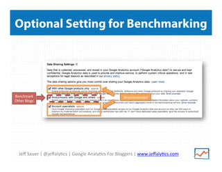Jeﬀ	
  Sauer	
  |	
  @jeﬀaly/cs	
  |	
  Google	
  Analy/cs	
  For	
  Bloggers	
  |	
  www.jeﬀaly/cs.com	
  
Optional Setting for Benchmarking
Recommended	
  Benchmark	
  
Other	
  Blogs	
  
 