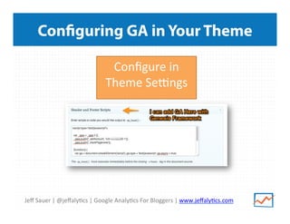 Jeﬀ	
  Sauer	
  |	
  @jeﬀaly/cs	
  |	
  Google	
  Analy/cs	
  For	
  Bloggers	
  |	
  www.jeﬀaly/cs.com	
  
Configuring GA in Your Theme
Conﬁgure	
  in	
  
Theme	
  Se_ngs	
  
	
  
 