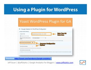 Jeﬀ	
  Sauer	
  |	
  @jeﬀaly/cs	
  |	
  Google	
  Analy/cs	
  For	
  Bloggers	
  |	
  www.jeﬀaly/cs.com	
  
Using a Plugin for WordPress
Yoast	
  WordPress	
  Plugin	
  for	
  GA	
  
	
  
Download:	
  h8p://yoast.com/wordpress/google-­‐analy<cs/	
  
 