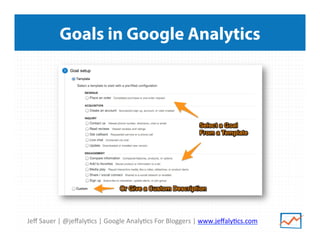 Jeﬀ	
  Sauer	
  |	
  @jeﬀaly/cs	
  |	
  Google	
  Analy/cs	
  For	
  Bloggers	
  |	
  www.jeﬀaly/cs.com	
  
Goals in Google Analytics
 