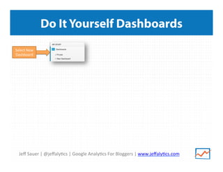Jeﬀ	
  Sauer	
  |	
  @jeﬀaly/cs	
  |	
  Google	
  Analy/cs	
  For	
  Bloggers	
  |	
  www.jeﬀaly/cs.com	
  
Do It Yourself Dashboards
Select	
  New	
  
Dashboard	
  
 