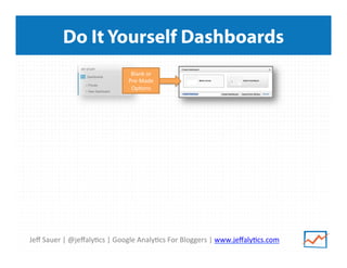Jeﬀ	
  Sauer	
  |	
  @jeﬀaly/cs	
  |	
  Google	
  Analy/cs	
  For	
  Bloggers	
  |	
  www.jeﬀaly/cs.com	
  
Do It Yourself Dashboards
Blank	
  or	
  
Pre-­‐Made	
  
Op/ons	
  
 