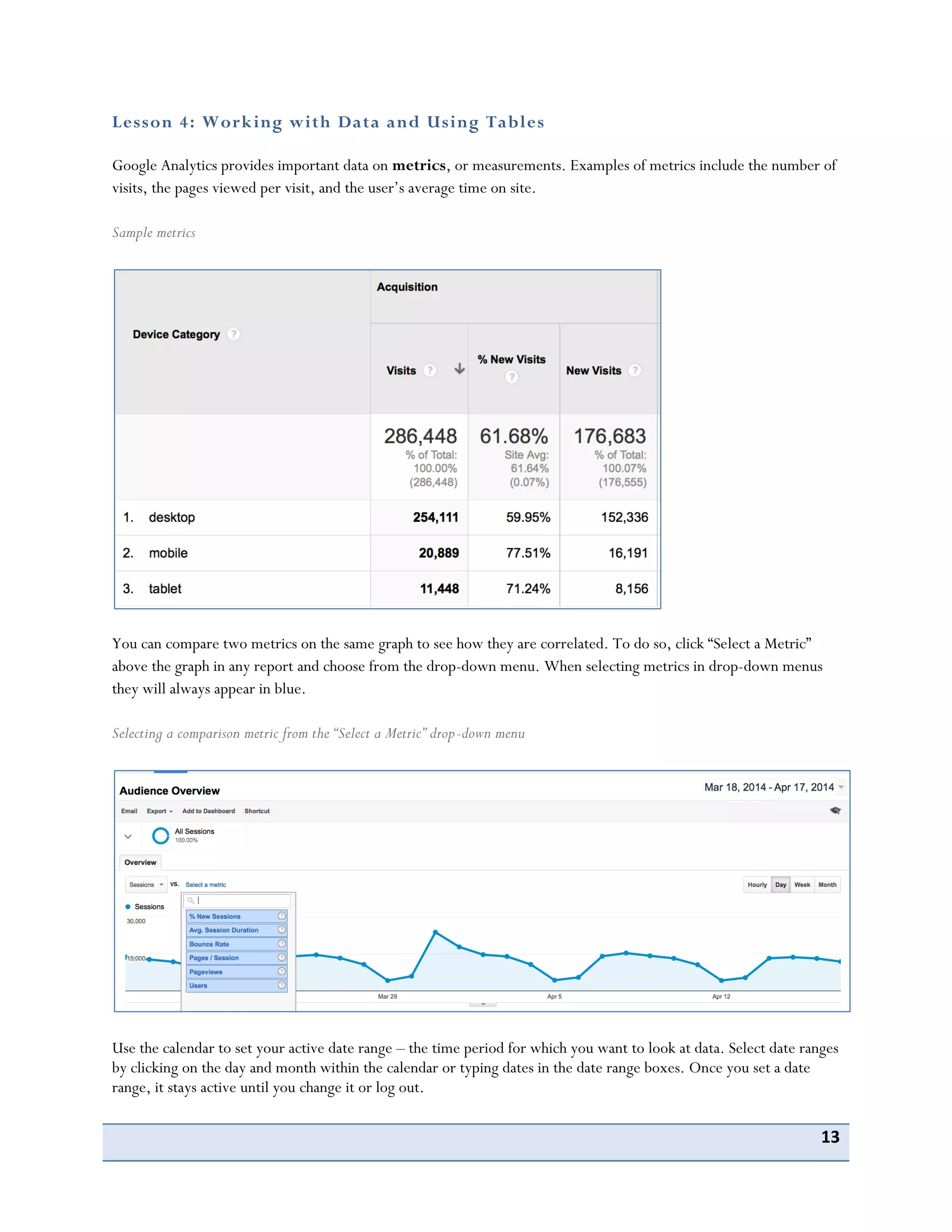 13
Lesson 4: Working with Data and Using Tables
Google Analytics provides important data on metrics, or measurements. Examples of metrics include the number of
visits, the pages viewed per visit, and the user’s average time on site.
Sample metrics
You can compare two metrics on the same graph to see how they are correlated. To do so, click “Select a Metric”
above the graph in any report and choose from the drop-down menu. When selecting metrics in drop-down menus
they will always appear in blue.
Selecting a comparison metric from the “Select a Metric” drop-down menu
Use the calendar to set your active date range – the time period for which you want to look at data. Select date ranges
by clicking on the day and month within the calendar or typing dates in the date range boxes. Once you set a date
range, it stays active until you change it or log out.
 