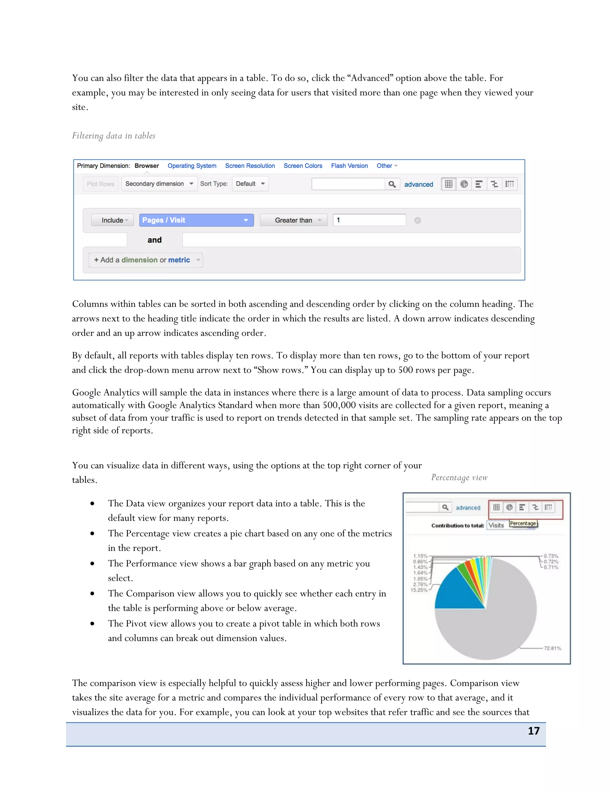 17
You can also filter the data that appears in a table. To do so, click the “Advanced” option above the table. For
example, you may be interested in only seeing data for users that visited more than one page when they viewed your
site.
Filtering data in tables
Columns within tables can be sorted in both ascending and descending order by clicking on the column heading. The
arrows next to the heading title indicate the order in which the results are listed. A down arrow indicates descending
order and an up arrow indicates ascending order.
By default, all reports with tables display ten rows. To display more than ten rows, go to the bottom of your report
and click the drop-down menu arrow next to “Show rows.” You can display up to 500 rows per page.
Google Analytics will sample the data in instances where there is a large amount of data to process. Data sampling occurs
automatically with Google Analytics Standard when more than 500,000 visits are collected for a given report, meaning a
subset of data from your traffic is used to report on trends detected in that sample set. The sampling rate appears on the top
right side of reports.
You can visualize data in different ways, using the options at the top right corner of your
tables.
The Data view organizes your report data into a table. This is the
default view for many reports.
The Percentage view creates a pie chart based on any one of the metrics
in the report.
The Performance view shows a bar graph based on any metric you
select.
The Comparison view allows you to quickly see whether each entry in
the table is performing above or below average.
The Pivot view allows you to create a pivot table in which both rows
and columns can break out dimension values.
The comparison view is especially helpful to quickly assess higher and lower performing pages. Comparison view
takes the site average for a metric and compares the individual performance of every row to that average, and it
visualizes the data for you. For example, you can look at your top websites that refer traffic and see the sources that
Percentage view
 