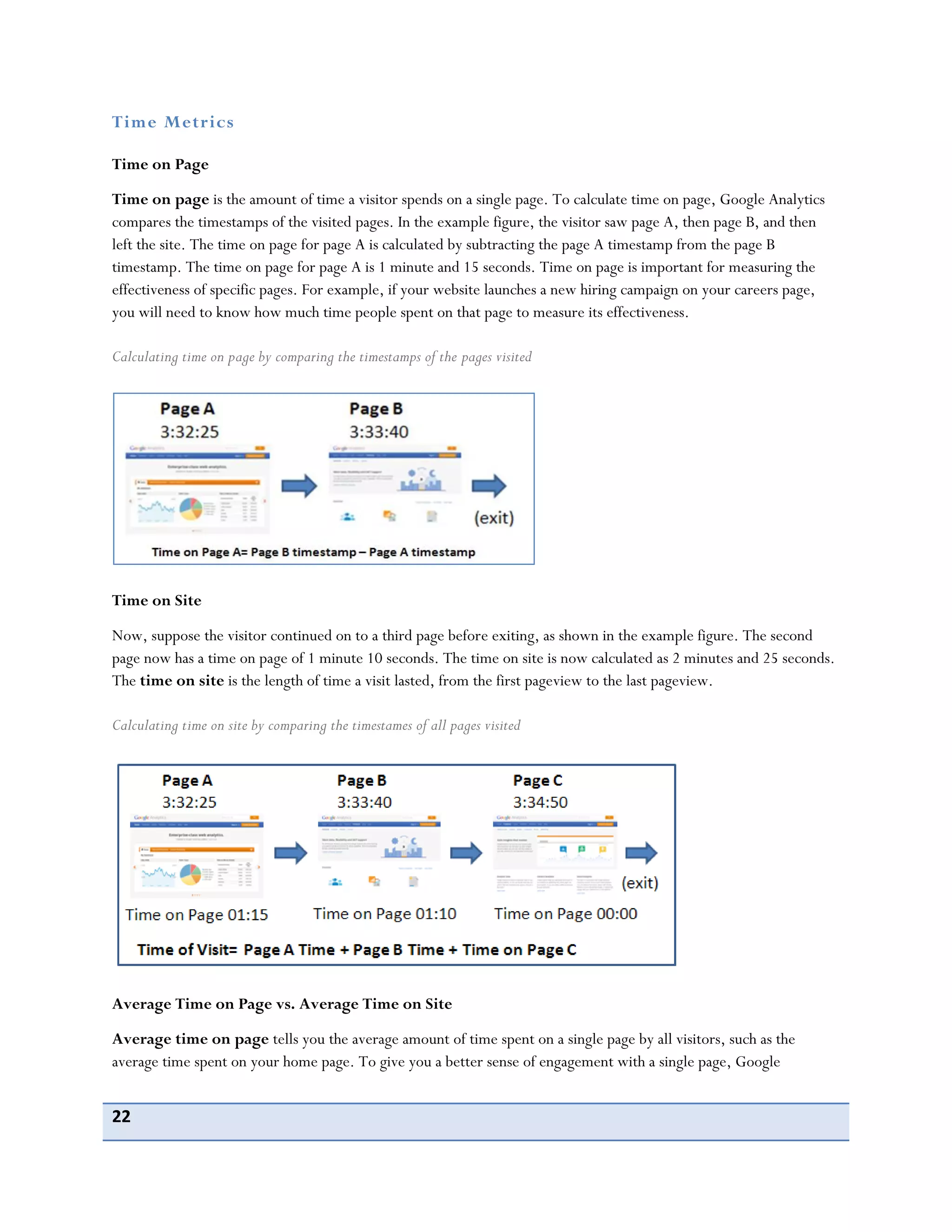 22
Time Metrics
Time on Page
Time on page is the amount of time a visitor spends on a single page. To calculate time on page, Google Analytics
compares the timestamps of the visited pages. In the example figure, the visitor saw page A, then page B, and then
left the site. The time on page for page A is calculated by subtracting the page A timestamp from the page B
timestamp. The time on page for page A is 1 minute and 15 seconds. Time on page is important for measuring the
effectiveness of specific pages. For example, if your website launches a new hiring campaign on your careers page,
you will need to know how much time people spent on that page to measure its effectiveness.
Calculating time on page by comparing the timestamps of the pages visited
Time on Site
Now, suppose the visitor continued on to a third page before exiting, as shown in the example figure. The second
page now has a time on page of 1 minute 10 seconds. The time on site is now calculated as 2 minutes and 25 seconds.
The time on site is the length of time a visit lasted, from the first pageview to the last pageview.
Calculating time on site by comparing the timestames of all pages visited
Average Time on Page vs. Average Time on Site
Average time on page tells you the average amount of time spent on a single page by all visitors, such as the
average time spent on your home page. To give you a better sense of engagement with a single page, Google
 