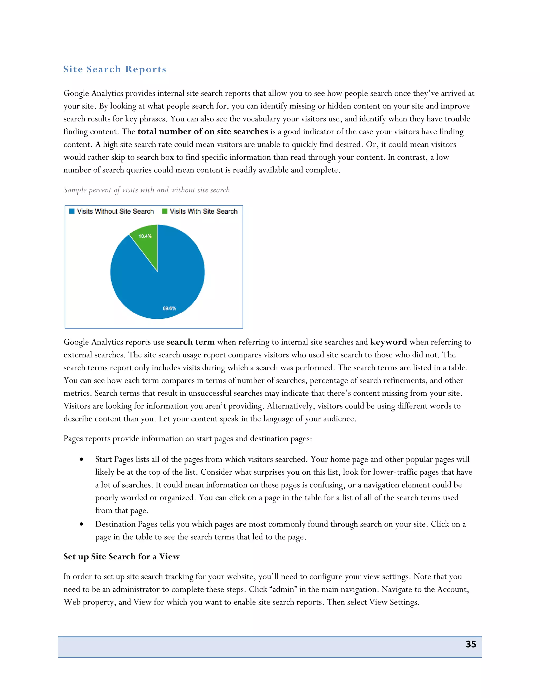 35
Site Search Reports
Google Analytics provides internal site search reports that allow you to see how people search once they’ve arrived at
your site. By looking at what people search for, you can identify missing or hidden content on your site and improve
search results for key phrases. You can also see the vocabulary your visitors use, and identify when they have trouble
finding content. The total number of on site searches is a good indicator of the ease your visitors have finding
content. A high site search rate could mean visitors are unable to quickly find desired. Or, it could mean visitors
would rather skip to search box to find specific information than read through your content. In contrast, a low
number of search queries could mean content is readily available and complete.
Sample percent of visits with and without site search
Google Analytics reports use search term when referring to internal site searches and keyword when referring to
external searches. The site search usage report compares visitors who used site search to those who did not. The
search terms report only includes visits during which a search was performed. The search terms are listed in a table.
You can see how each term compares in terms of number of searches, percentage of search refinements, and other
metrics. Search terms that result in unsuccessful searches may indicate that there’s content missing from your site.
Visitors are looking for information you aren’t providing. Alternatively, visitors could be using different words to
describe content than you. Let your content speak in the language of your audience.
Pages reports provide information on start pages and destination pages:
Start Pages lists all of the pages from which visitors searched. Your home page and other popular pages will
likely be at the top of the list. Consider what surprises you on this list, look for lower-traffic pages that have
a lot of searches. It could mean information on these pages is confusing, or a navigation element could be
poorly worded or organized. You can click on a page in the table for a list of all of the search terms used
from that page.
Destination Pages tells you which pages are most commonly found through search on your site. Click on a
page in the table to see the search terms that led to the page.
Set up Site Search for a View
In order to set up site search tracking for your website, you’ll need to configure your view settings. Note that you
need to be an administrator to complete these steps. Click “admin” in the main navigation. Navigate to the Account,
Web property, and View for which you want to enable site search reports. Then select View Settings.
 