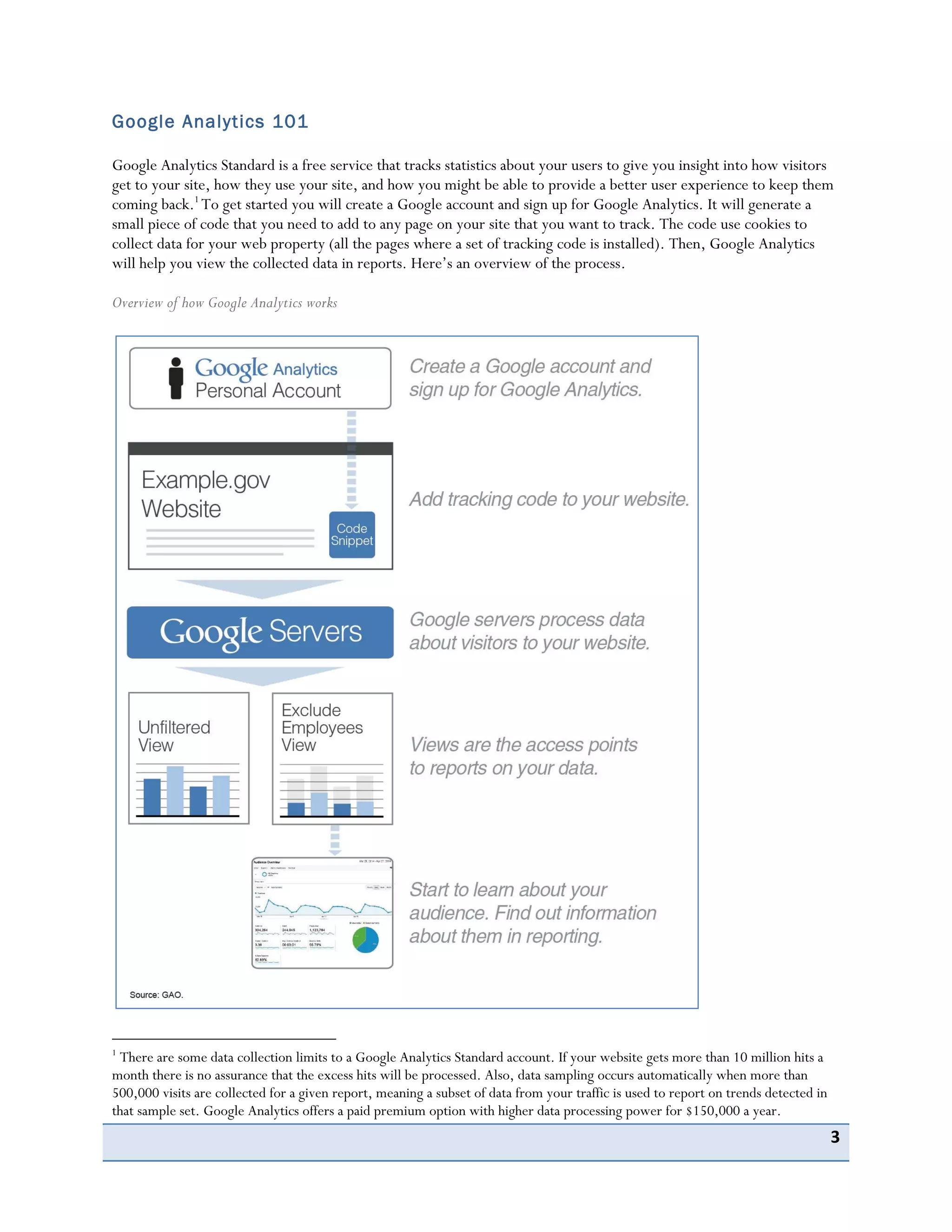 3
Google Analytics 101
Google Analytics Standard is a free service that tracks statistics about your users to give you insight into how visitors
get to your site, how they use your site, and how you might be able to provide a better user experience to keep them
coming back.1
To get started you will create a Google account and sign up for Google Analytics. It will generate a
small piece of code that you need to add to any page on your site that you want to track. The code use cookies to
collect data for your web property (all the pages where a set of tracking code is installed). Then, Google Analytics
will help you view the collected data in reports. Here’s an overview of the process.
Overview of how Google Analytics works
1
There are some data collection limits to a Google Analytics Standard account. If your website gets more than 10 million hits a
month there is no assurance that the excess hits will be processed. Also, data sampling occurs automatically when more than
500,000 visits are collected for a given report, meaning a subset of data from your traffic is used to report on trends detected in
that sample set. Google Analytics offers a paid premium option with higher data processing power for $150,000 a year.
 