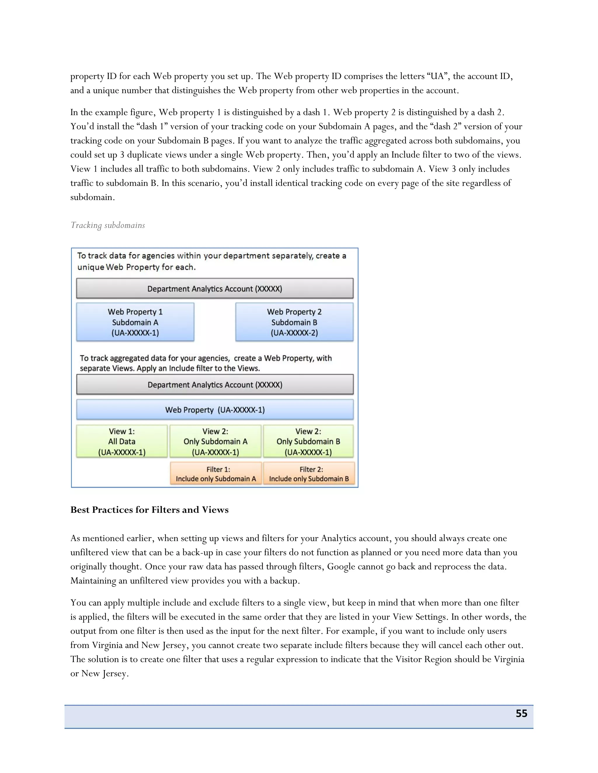 55
property ID for each Web property you set up. The Web property ID comprises the letters “UA”, the account ID,
and a unique number that distinguishes the Web property from other web properties in the account.
In the example figure, Web property 1 is distinguished by a dash 1. Web property 2 is distinguished by a dash 2.
You’d install the “dash 1” version of your tracking code on your Subdomain A pages, and the “dash 2” version of your
tracking code on your Subdomain B pages. If you want to analyze the traffic aggregated across both subdomains, you
could set up 3 duplicate views under a single Web property. Then, you’d apply an Include filter to two of the views.
View 1 includes all traffic to both subdomains. View 2 only includes traffic to subdomain A. View 3 only includes
traffic to subdomain B. In this scenario, you’d install identical tracking code on every page of the site regardless of
subdomain.
Tracking subdomains
Best Practices for Filters and Views
As mentioned earlier, when setting up views and filters for your Analytics account, you should always create one
unfiltered view that can be a back-up in case your filters do not function as planned or you need more data than you
originally thought. Once your raw data has passed through filters, Google cannot go back and reprocess the data.
Maintaining an unfiltered view provides you with a backup.
You can apply multiple include and exclude filters to a single view, but keep in mind that when more than one filter
is applied, the filters will be executed in the same order that they are listed in your View Settings. In other words, the
output from one filter is then used as the input for the next filter. For example, if you want to include only users
from Virginia and New Jersey, you cannot create two separate include filters because they will cancel each other out.
The solution is to create one filter that uses a regular expression to indicate that the Visitor Region should be Virginia
or New Jersey.
 