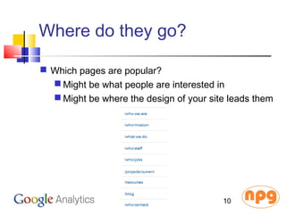 Where do they go?
 Which pages are popular?
 Might be what people are interested in
 Might be where the design of your site leads them
10
 