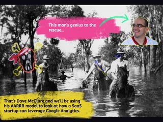 This man’s genius to the
rescue...
That’s Dave McClure and we’ll be using
his AARRR model to look at how a SaaS
startup can leverage Google Analytics.
 