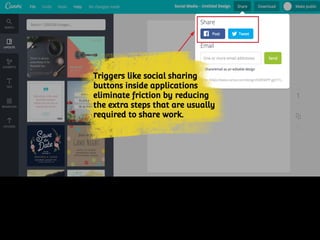 Triggers like social sharing
buttons inside applications
eliminate friction by reducing
the extra steps that are usually
required to share work.
 