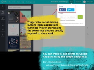 You can track in-app events on Google
Analytics using this simple analytics.js:
$('a').click(function() {
ga('send','event','Button',$(this).prop('href'),null);
});
Triggers like social sharing
buttons inside applications
eliminate friction by reducing
the extra steps that are usually
required to share work.
 